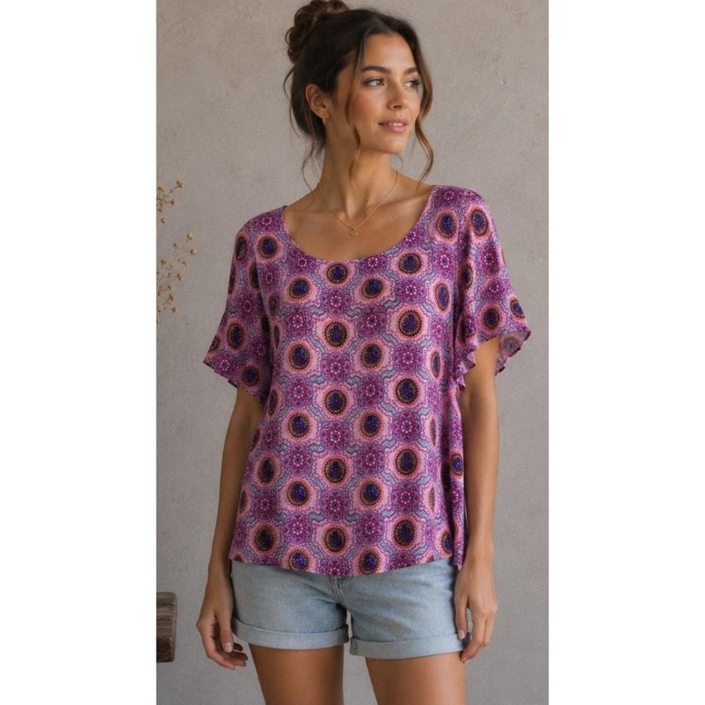 Anthropologie Womens Maeve Milla Purple Swing Top Sz XS Circle Medallion Print